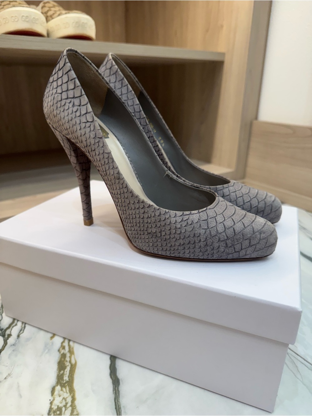 Dior Gray Textured Scale-Pattern High Heel Pumps